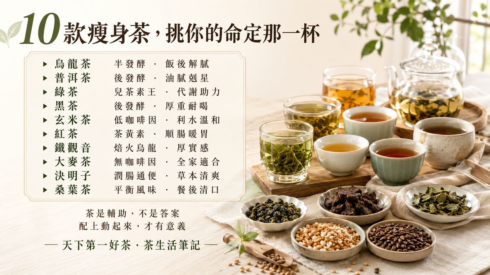 十款瘦身輔助茶款速覽圖，烏龍、普洱、綠茶、黑茶、玄米、紅茶、鐵觀音、大麥、決明子、桑葉茶的特色對照