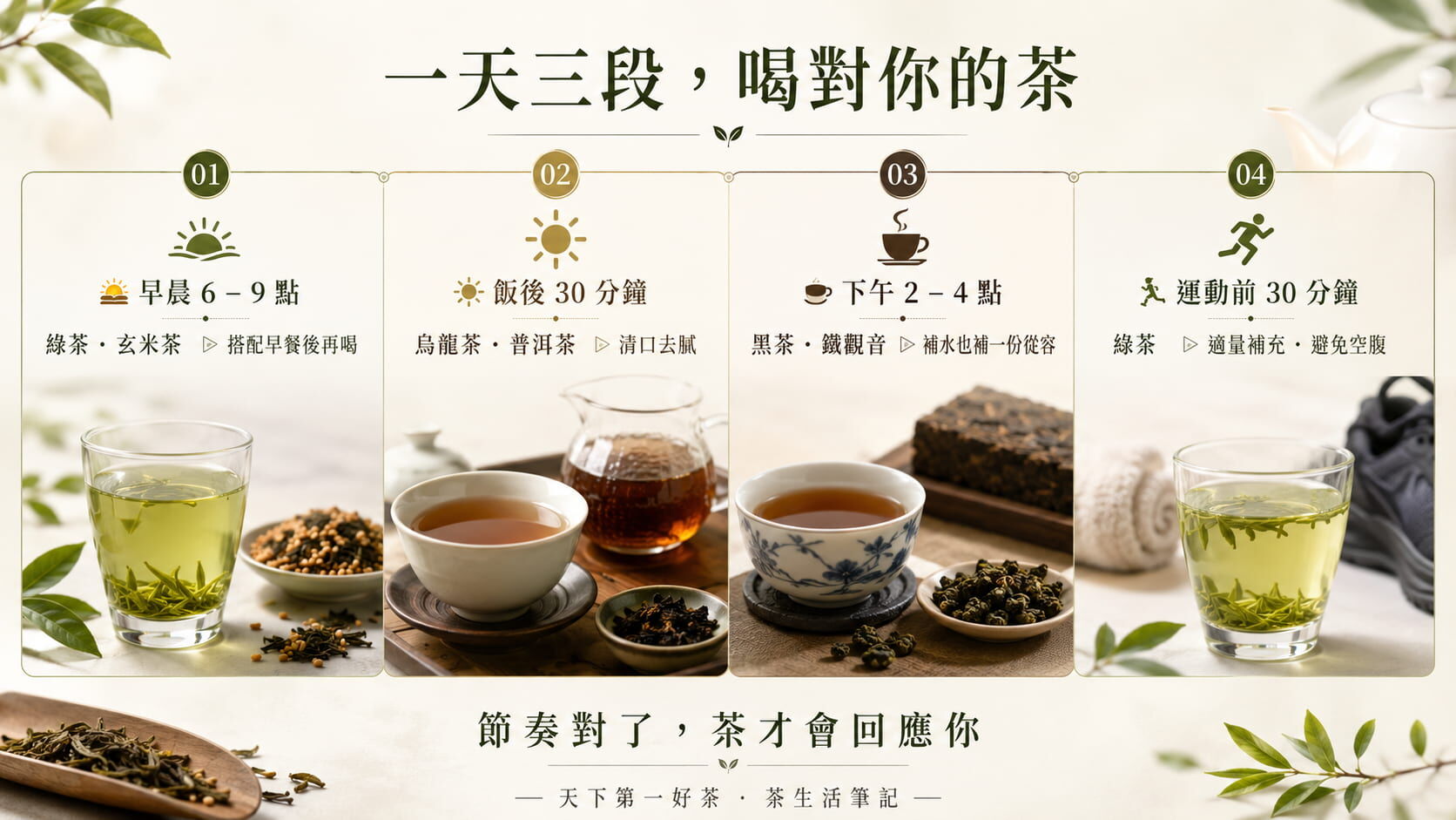 減肥茶一日四段最佳飲用時機表，早晨綠茶玄米、飯後烏龍普洱、下午黑茶鐵觀音、運動前綠茶