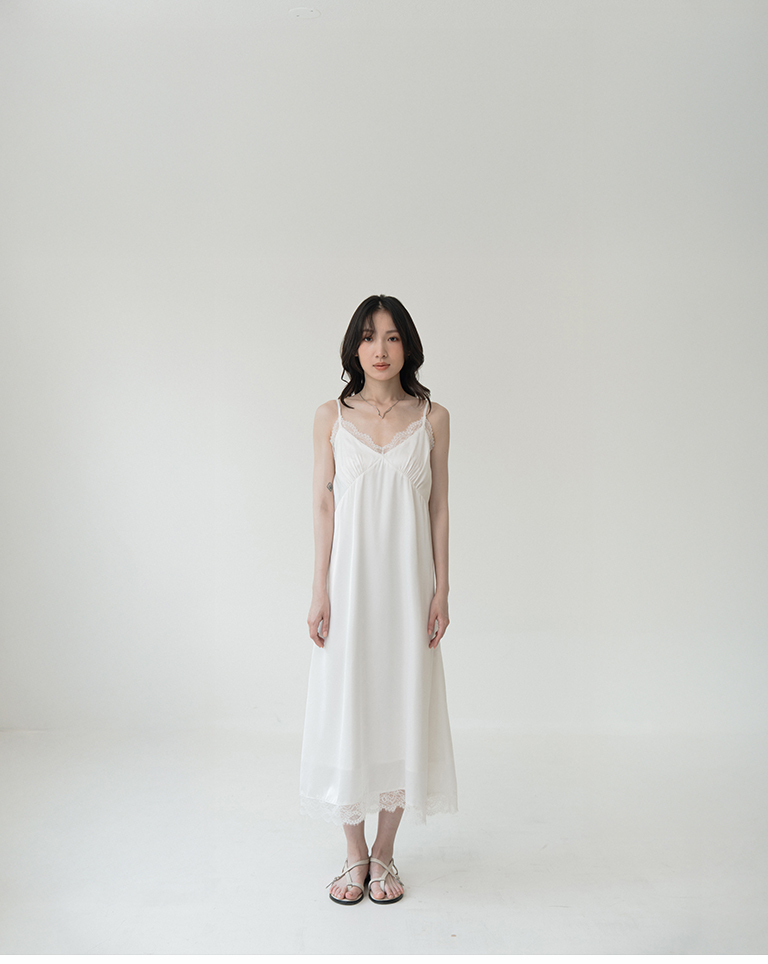Textured satin lace design, spaghetti strap long dress - white【01087290】in stock+pre-order