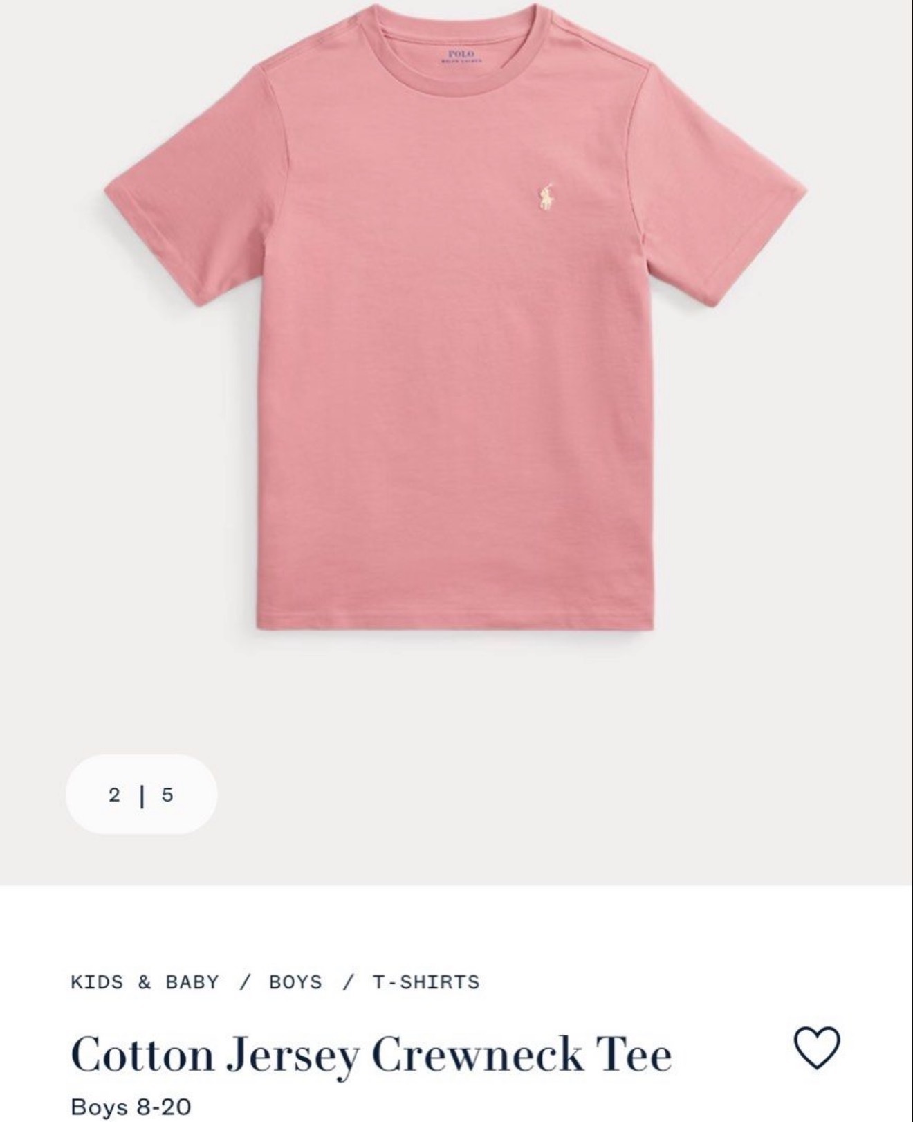 (現貨) 100%官方直送正貨 Polo Ralph Lauren Cotton Jersey Crewneck Tee Boy 8-20 (Size L)