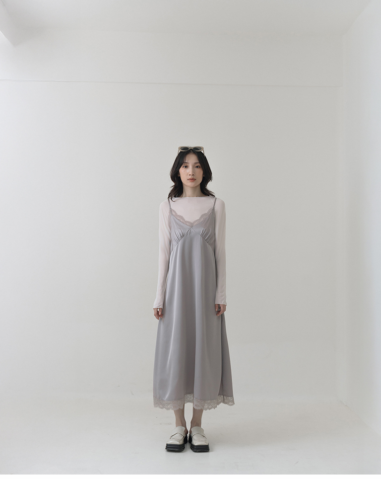 Textured satin lace spaghetti strap maxi dress - gray【01087291】in stock+pre-order