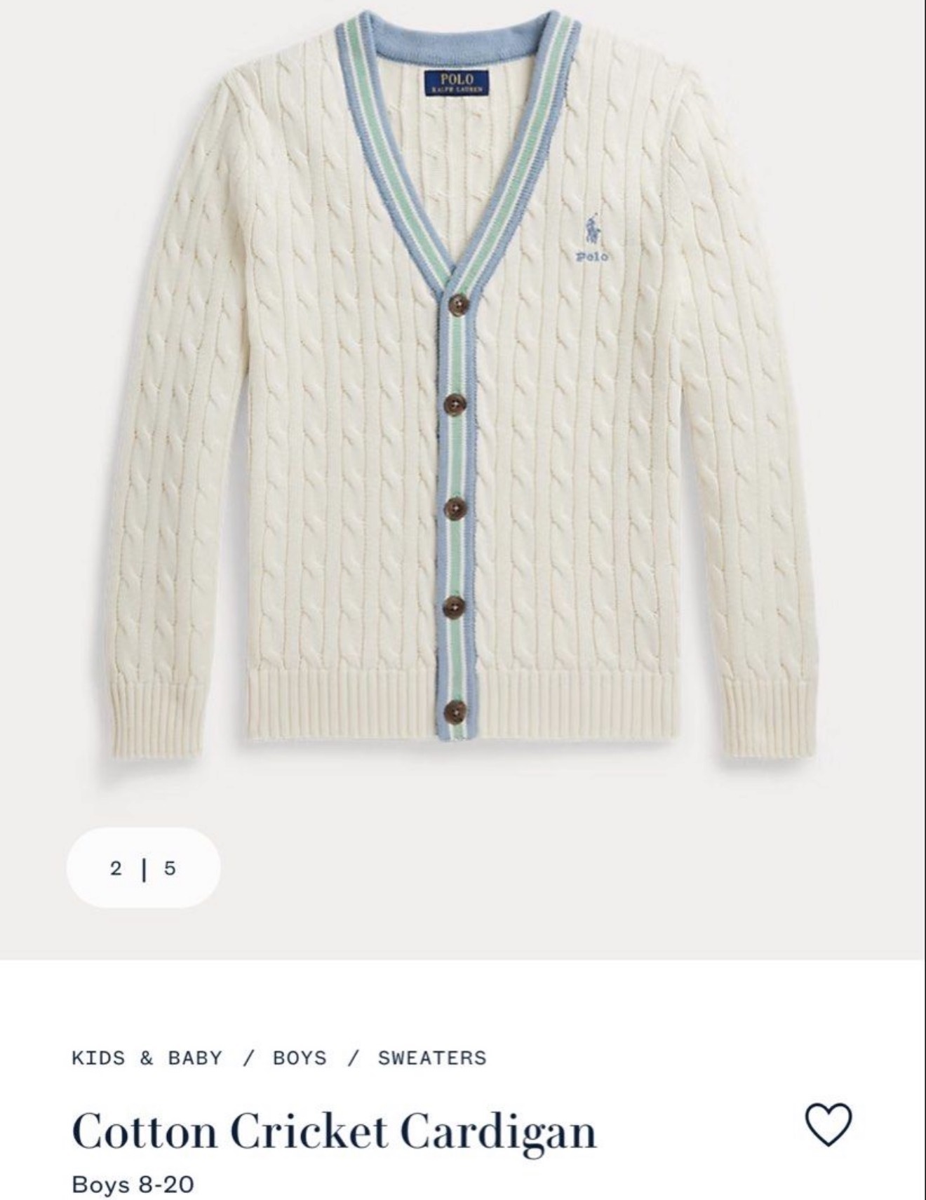 (現貨) 100%官方直送正貨 Polo Ralph Lauren Cotton Cricket Cardigan Boy 8-20 (Size L)