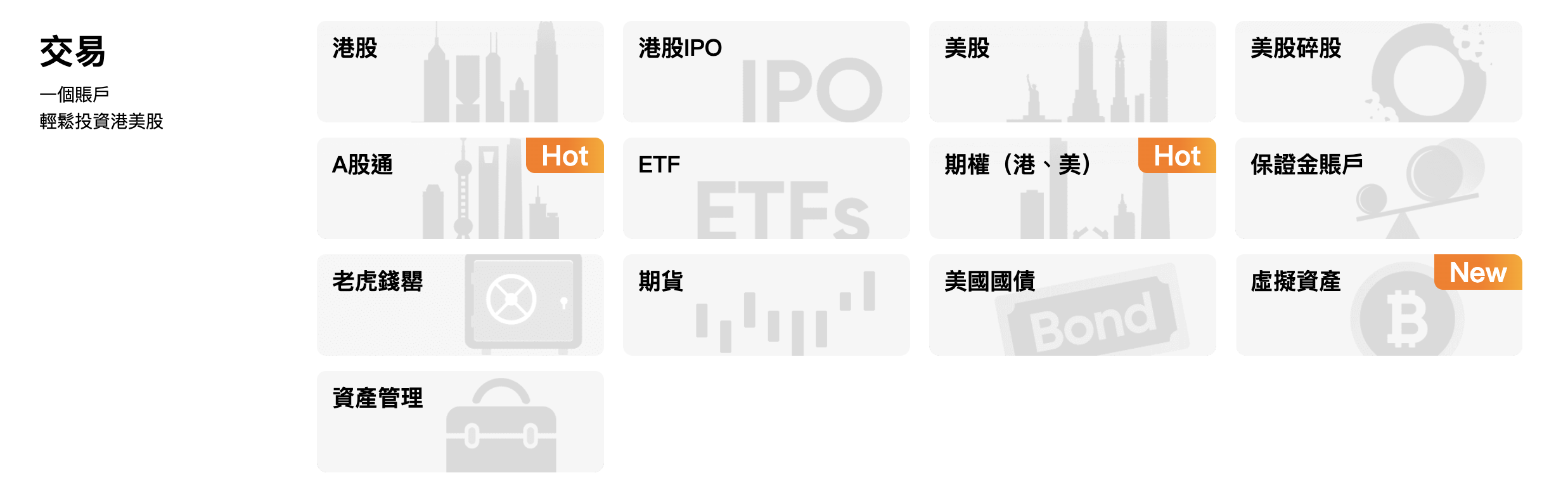 Tiger Trade 交易類型 多市場一個帳戶