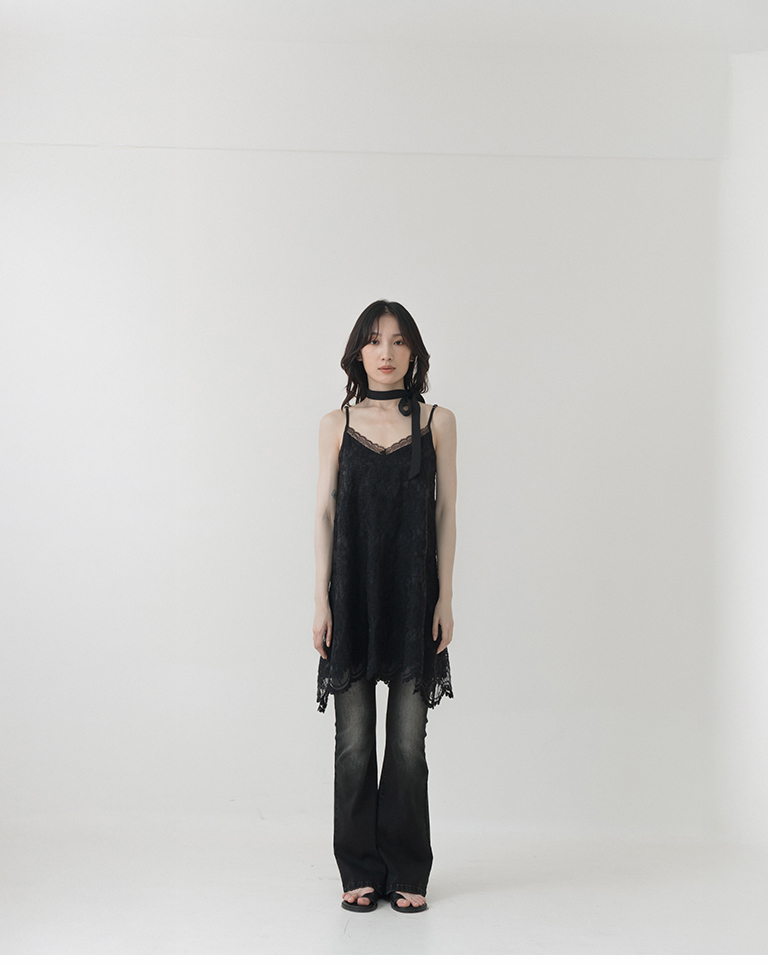 Lace and sheer double-layered spaghetti strap short dress - Black S/M【01087293】in stock+pre-order