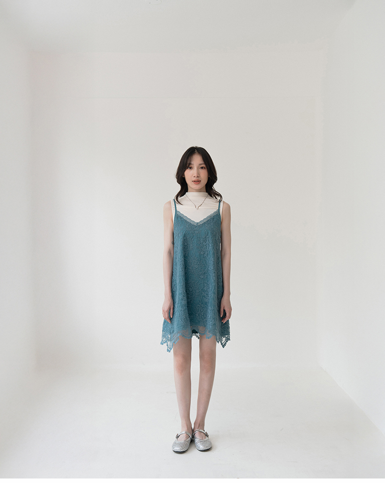 Lace and sheer double-layered spaghetti strap short dress - blue-green S/M【01087294】in stock+pre-order
