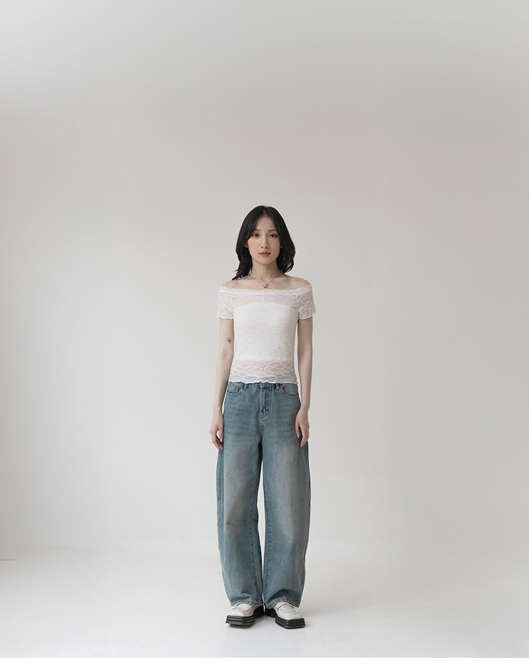 Off-the-shoulder sheer lace fitted top - white【01099662】in stock+pre-order