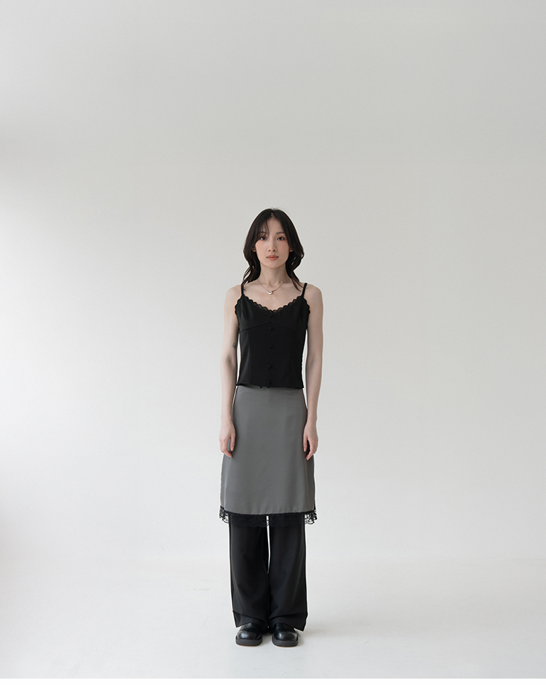 Satin lace trim fitted spaghetti strap vest - black S/M【01099666】in stock+pre-order