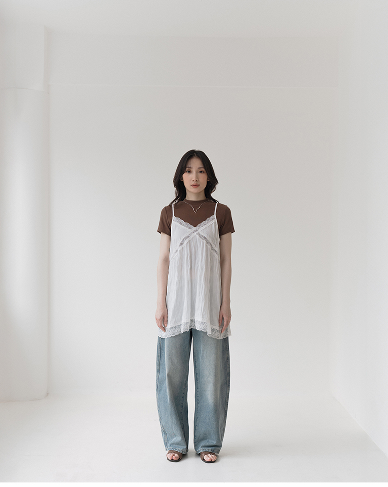 Wrinkled sheer lace spaghetti strap cover-up vest - white【01099676】in stock+pre-order