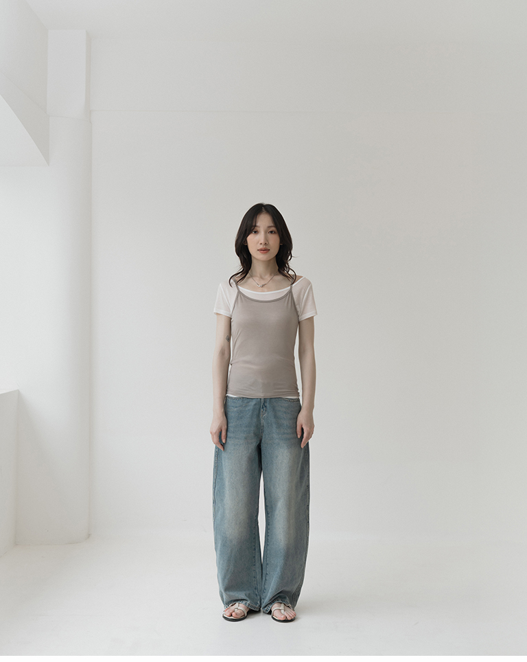 Two-piece color-blocked sheer vest top - white【01140086】in stock+pre-order