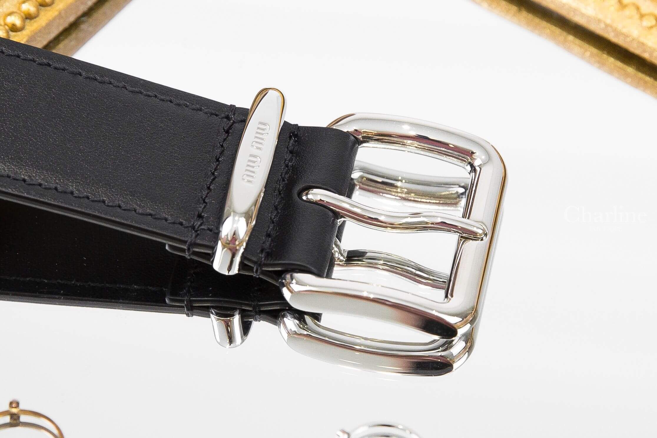 Miu Miu Leather Belt 黑色銀色方釦刻印字母小牛皮3.5cm皮帶