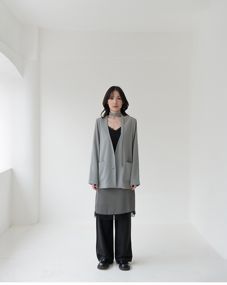 Simple collarless suit jacket with a neckerchief - gray【02030585】in stock+pre-order