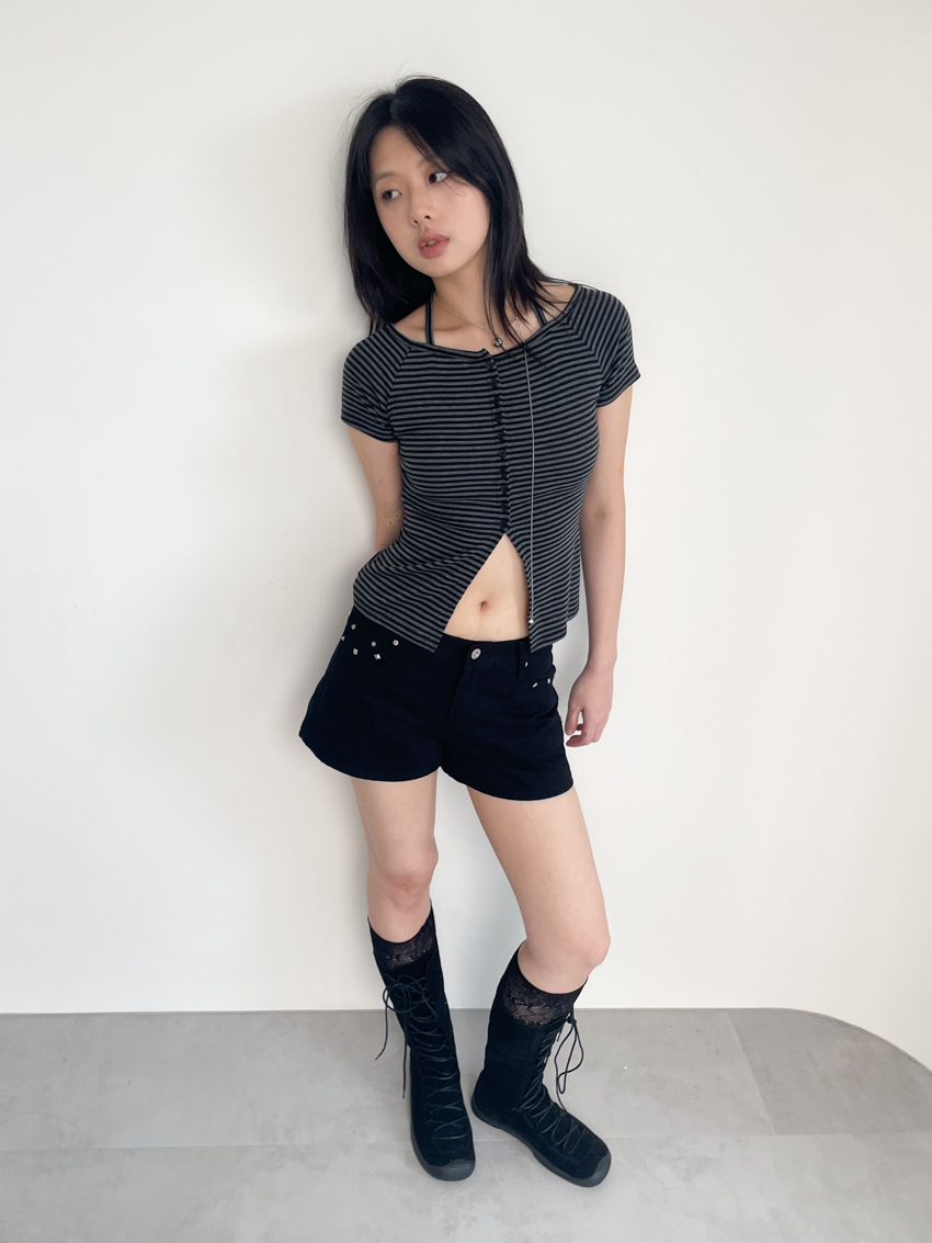 wide-neck halter stripe slit button top