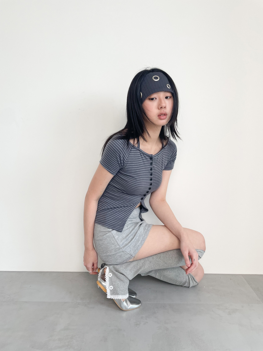 wide-neck halter stripe slit button top