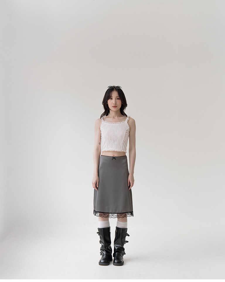 Lace-trimmed satin slit midi skirt, S/M/L【03030266】in stock+pre-order