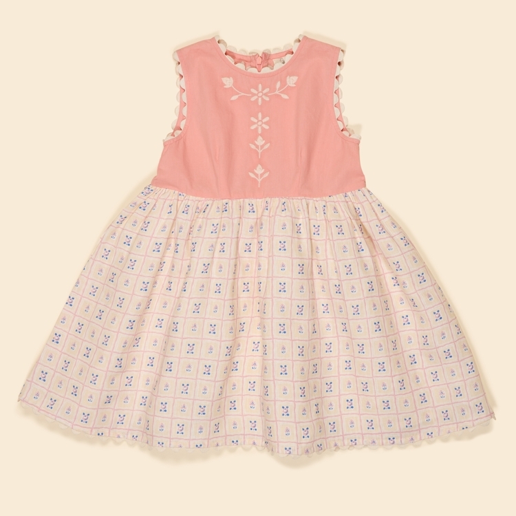 Apolina 小花刺繡拼接格紋花無袖波浪邊洋裝 LOLA DRESS - ROSEPANEL CREAM/PEONY