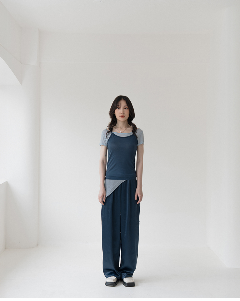 Side-lace-trimmed satin trousers - Blue S/M【04102053】in stock+pre-order