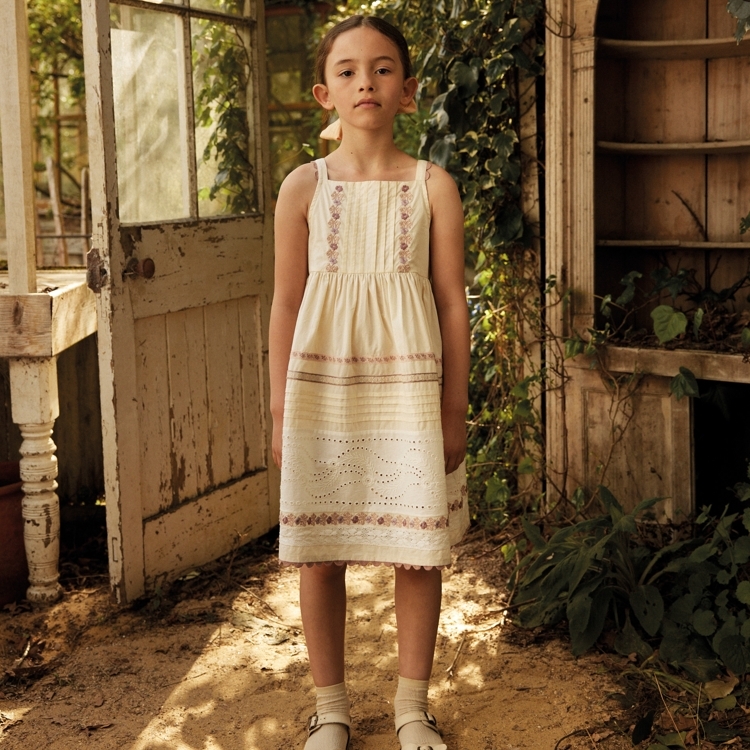 Apolina 條紋小花拼接鏤空蕾絲無袖洋裝 MINERVA DRESS - CREAM