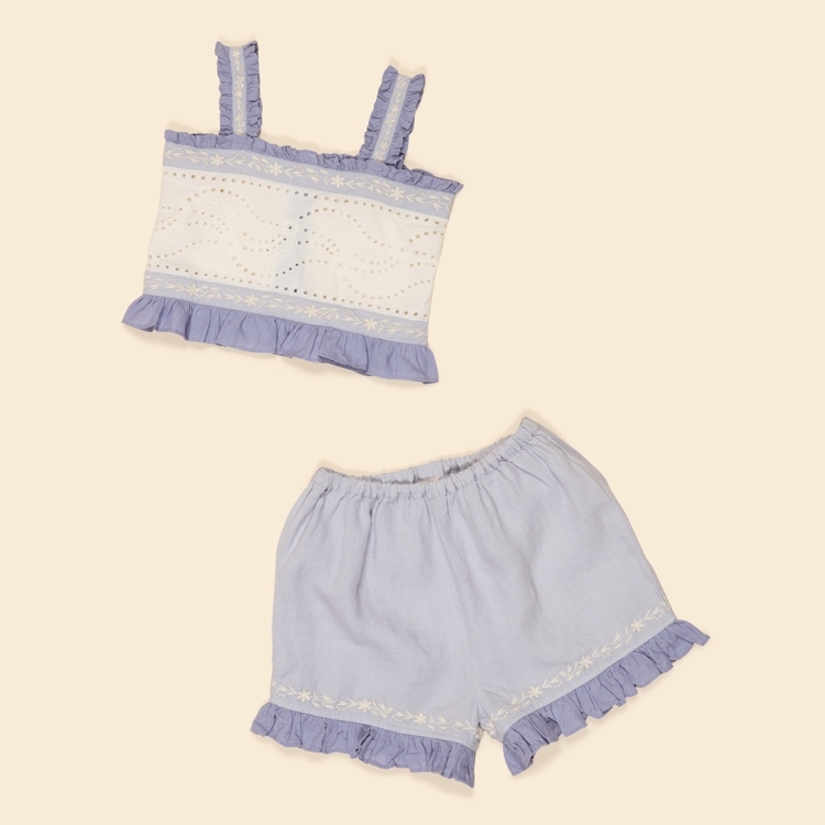 Apolina 鏤空蕾絲捲邊後排釦上衣短褲套裝 THEODORA SHORT SET - BLUE-LILAC/LILAC-GREY