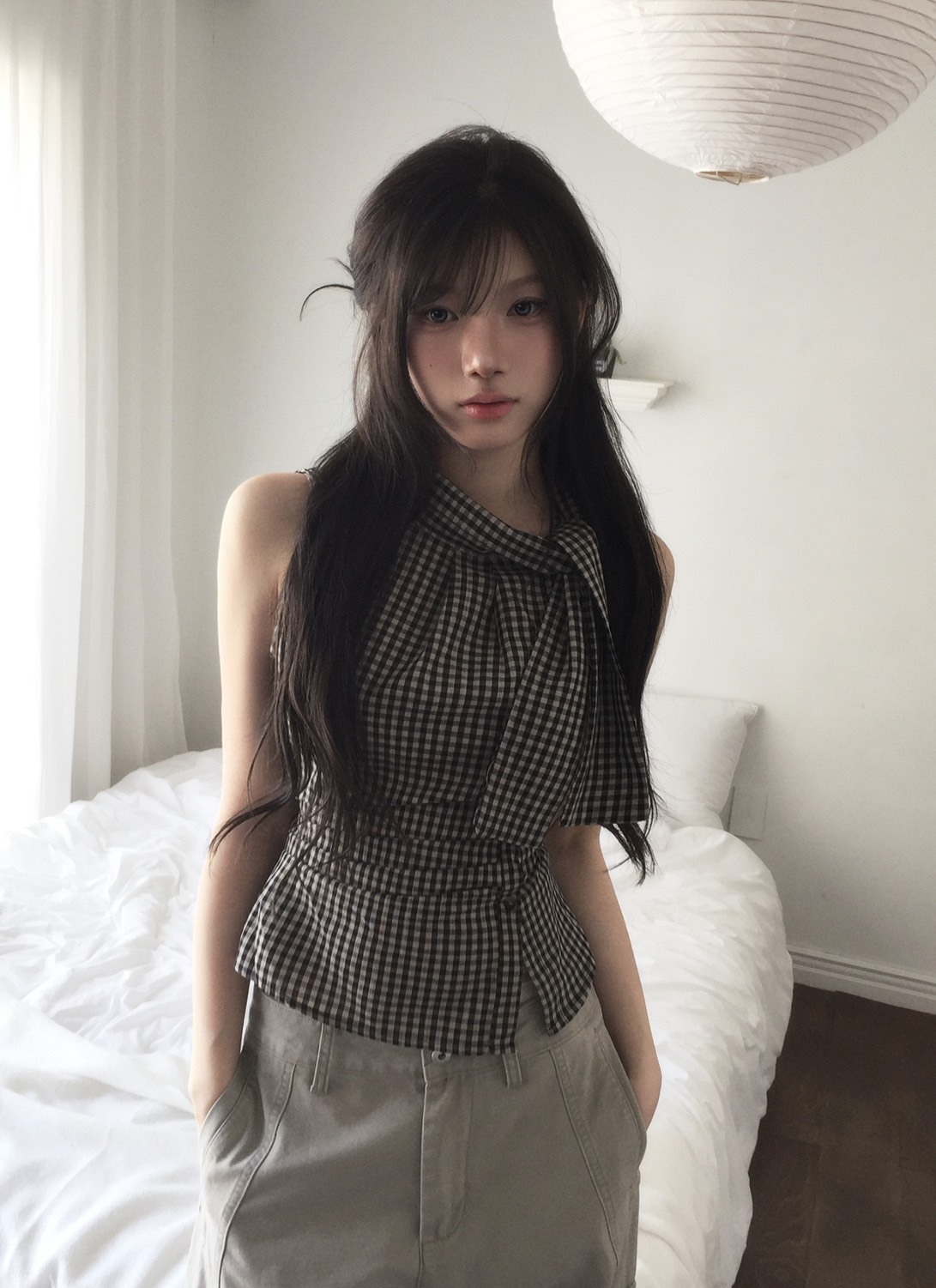 微高領格紋衫 綁帶上衣 修身上衣