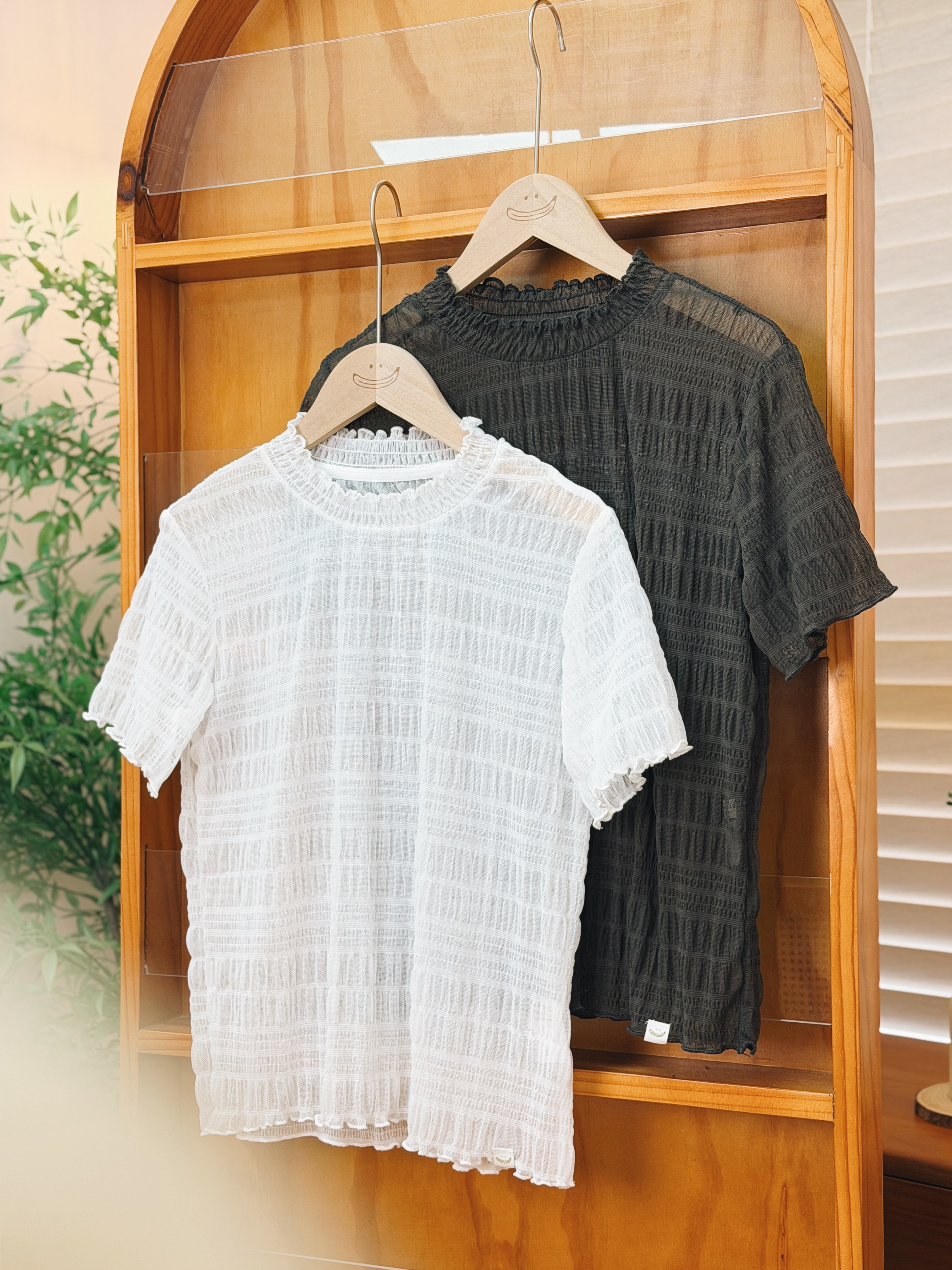 兩色 / 透膚磨砂感壓皺短袖上衣 / Gauzy Crinkled Sheer Top
