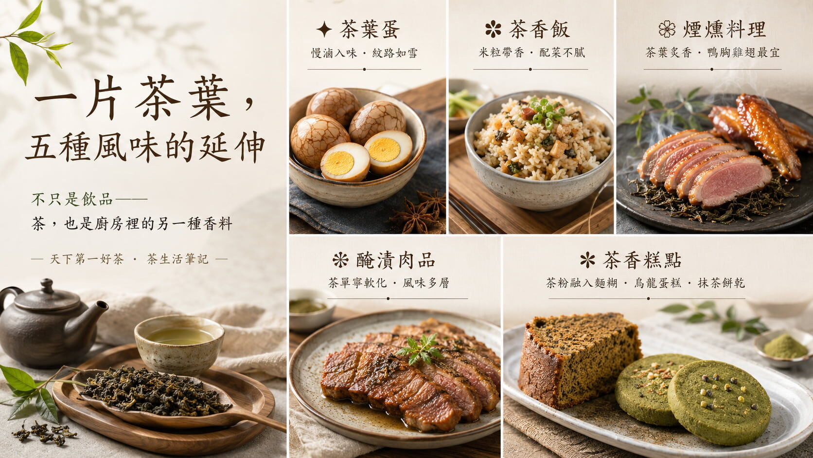 茶葉入菜五種料理應用圖，茶葉蛋、茶香飯、煙燻料理、醃漬肉品、茶香糕點