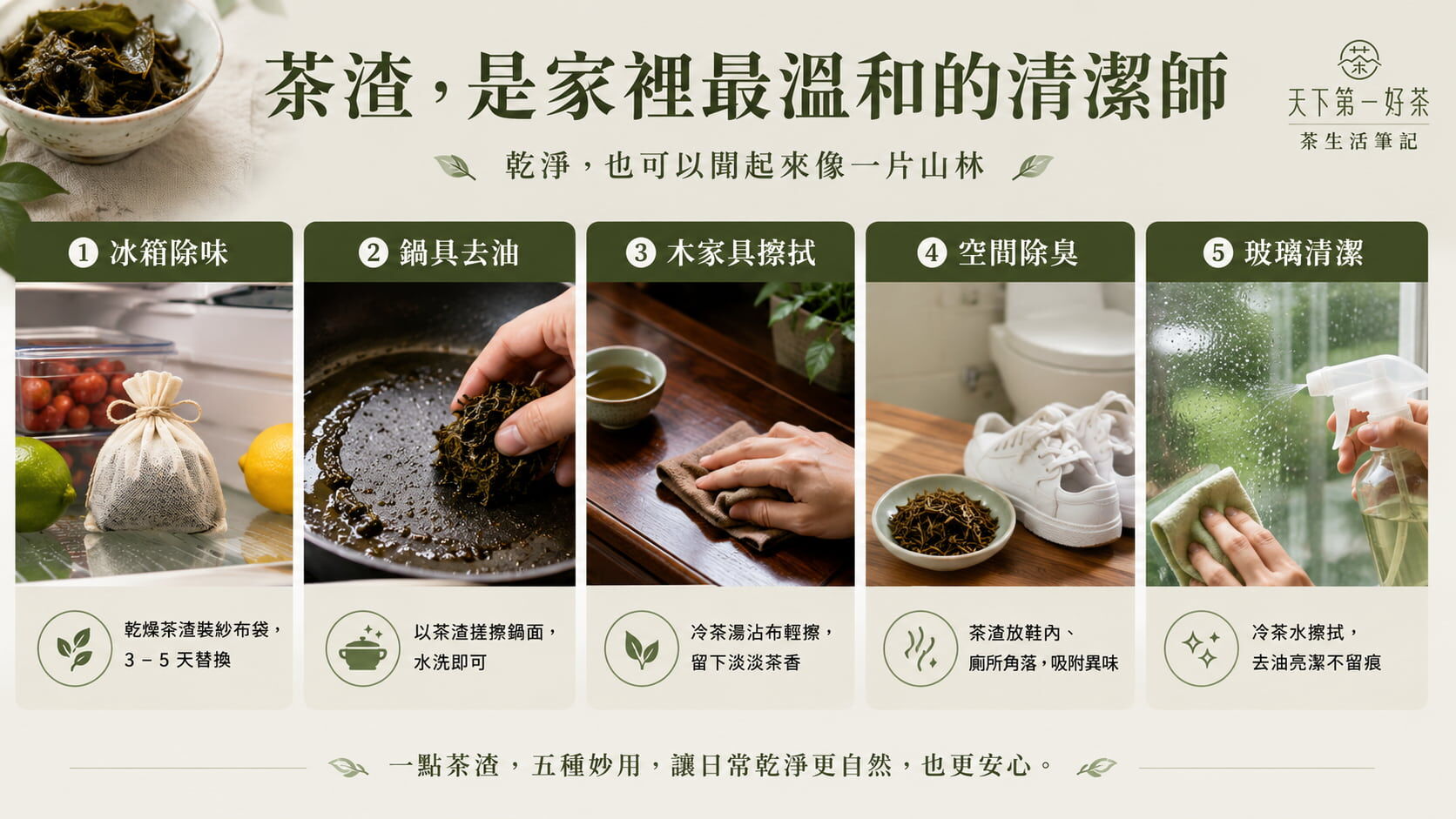 茶渣居家清潔五大妙用圖，冰箱除味、鍋具去油、木家具擦拭、空間除臭、玻璃清潔的操作要點