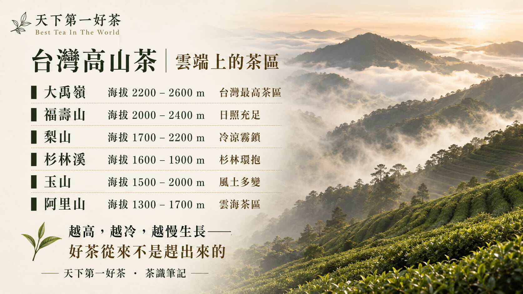 台灣高山茶主要產區海拔對照圖，大禹嶺、福壽山、梨山、杉林溪、玉山、阿里山的海拔範圍與環境特色