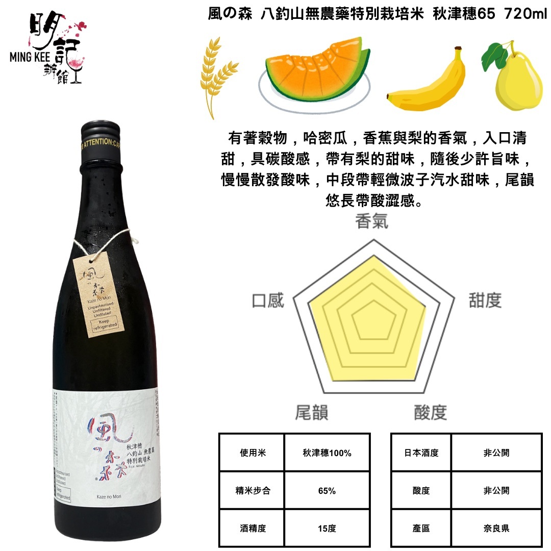 風の森 八釣山無農藥特別栽培米 秋津穗65 720ml