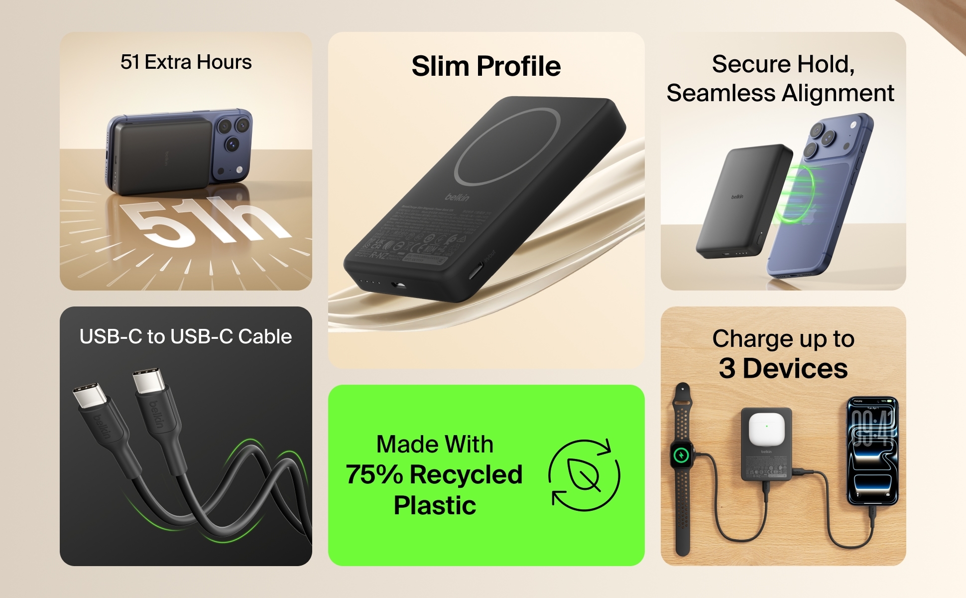 Belkin BoostCharge Slim Magnetic Power Bank 10K features showing slim profile, 75% recycled plastic material, and secure magn
