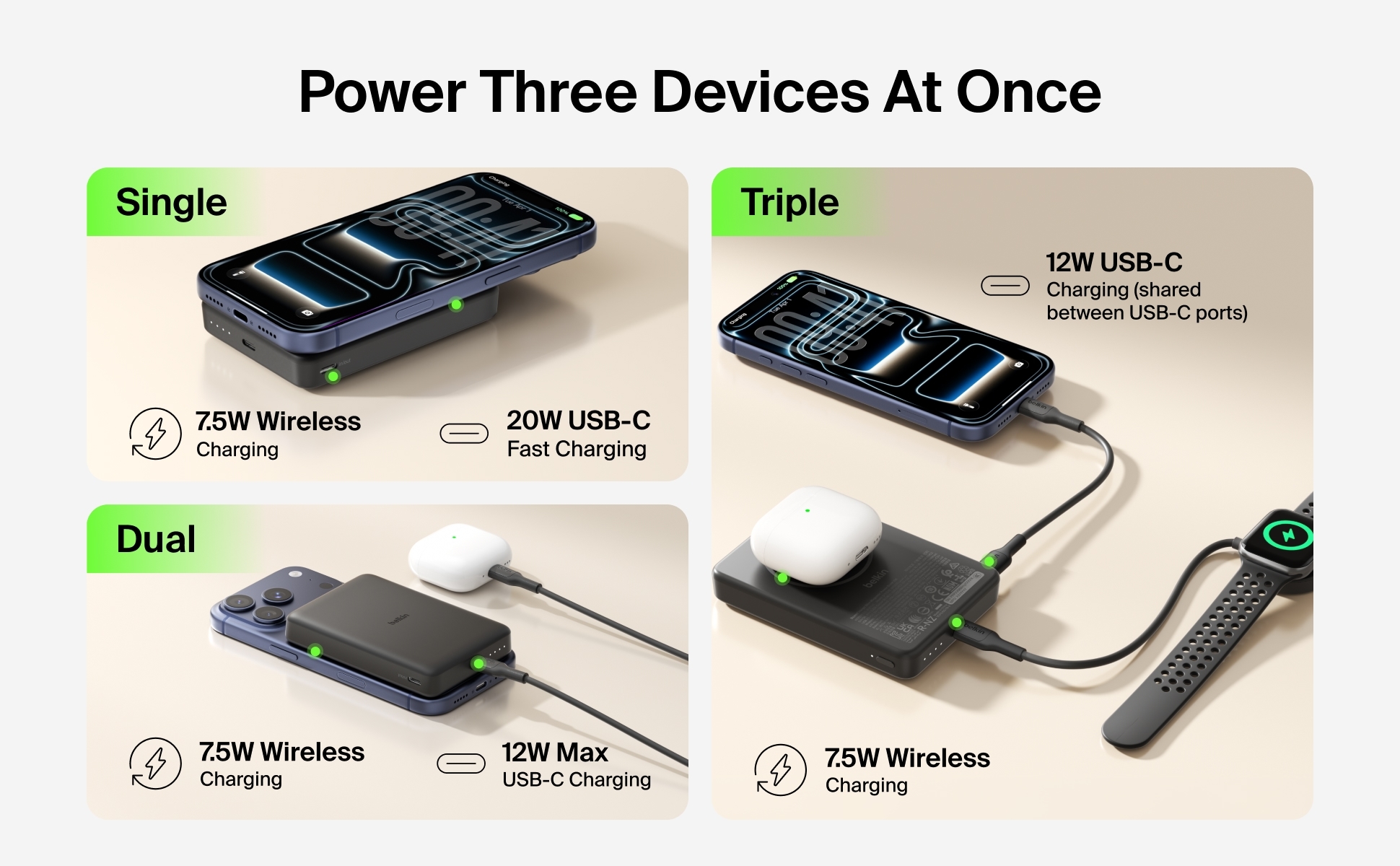 Belkin BoostCharge Slim Magnetic Power Bank 10K charging an iPhone wirelessly and two other devices via USB-C ports simultane