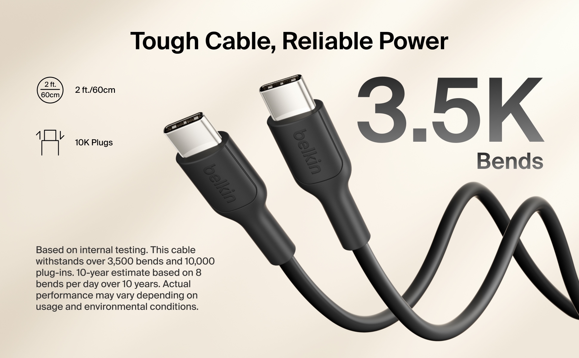 Durable Belkin USB-C cable with 3.5K bend lifespan testing.