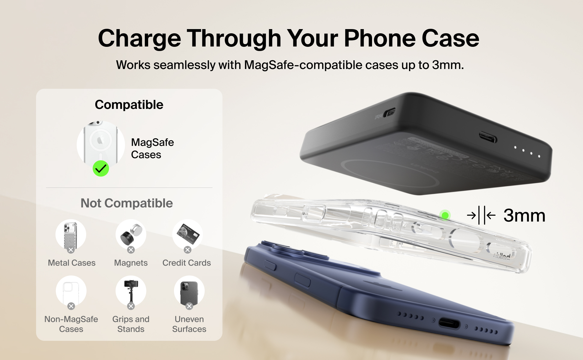 Belkin BoostCharge Slim Magnetic Power Bank charging through a phone case with MagSafe compatibility.