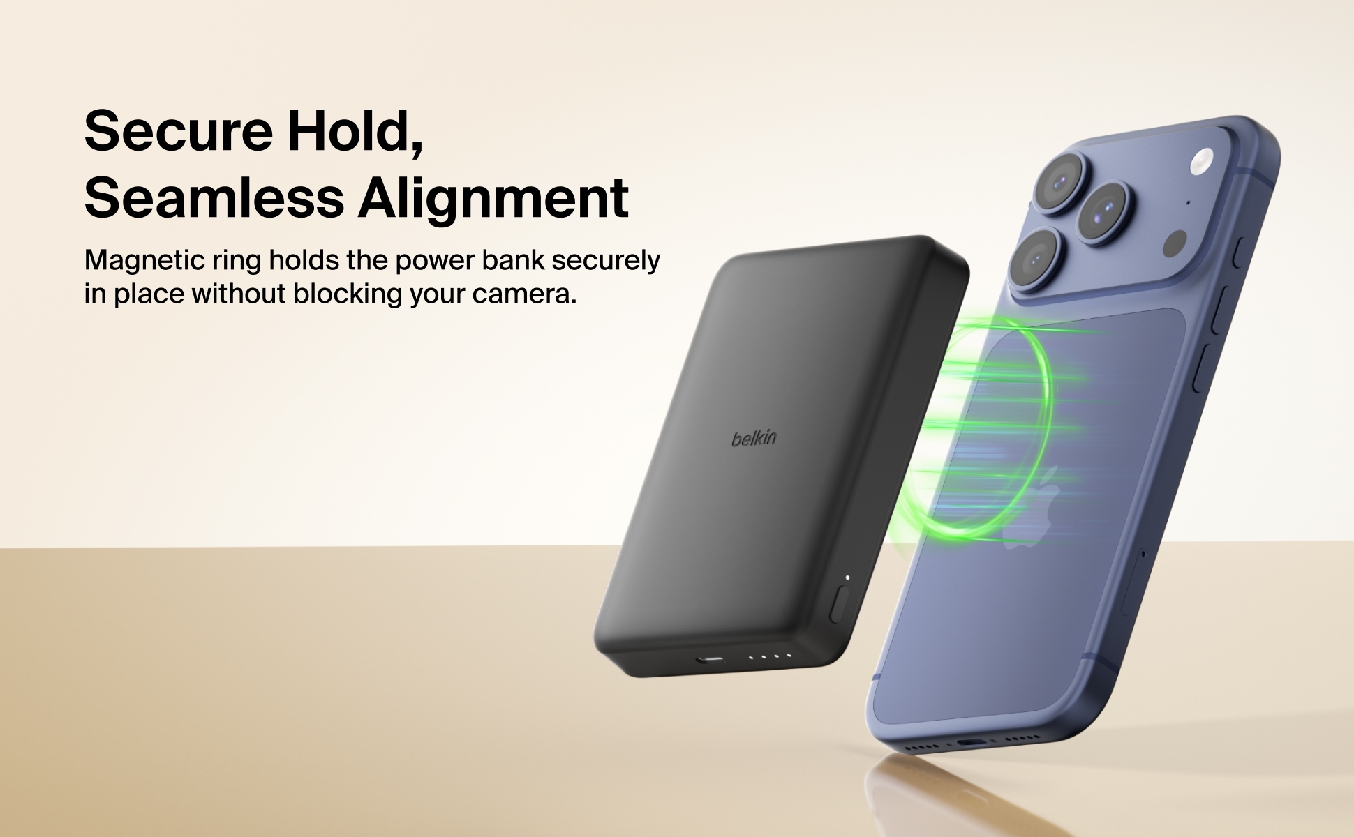 Belkin BoostCharge Slim Magnetic Power Bank 10K aligning seamlessly with an iPhone for a secure magnetic hold and wireless ch