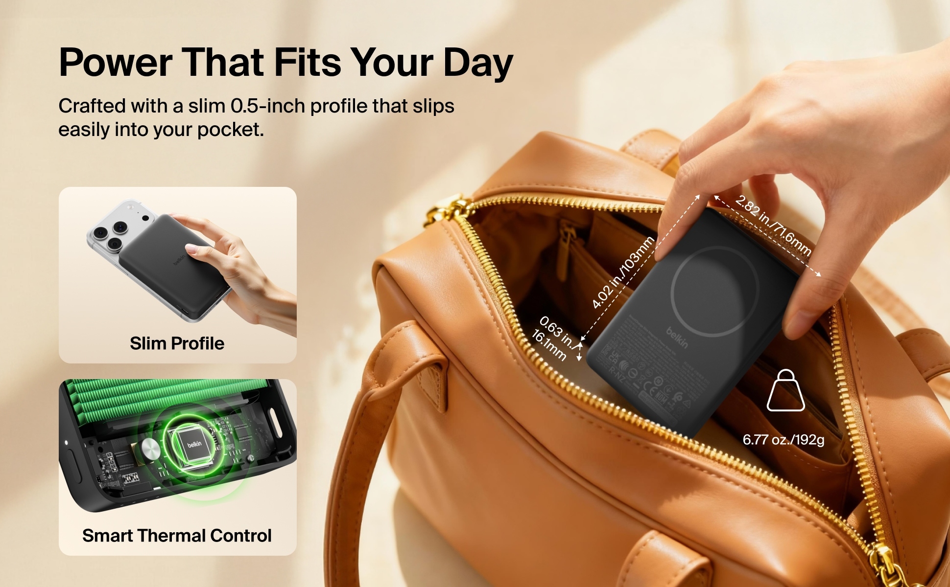 Magnetic power bank attached to a smartphone being placed into a bag.