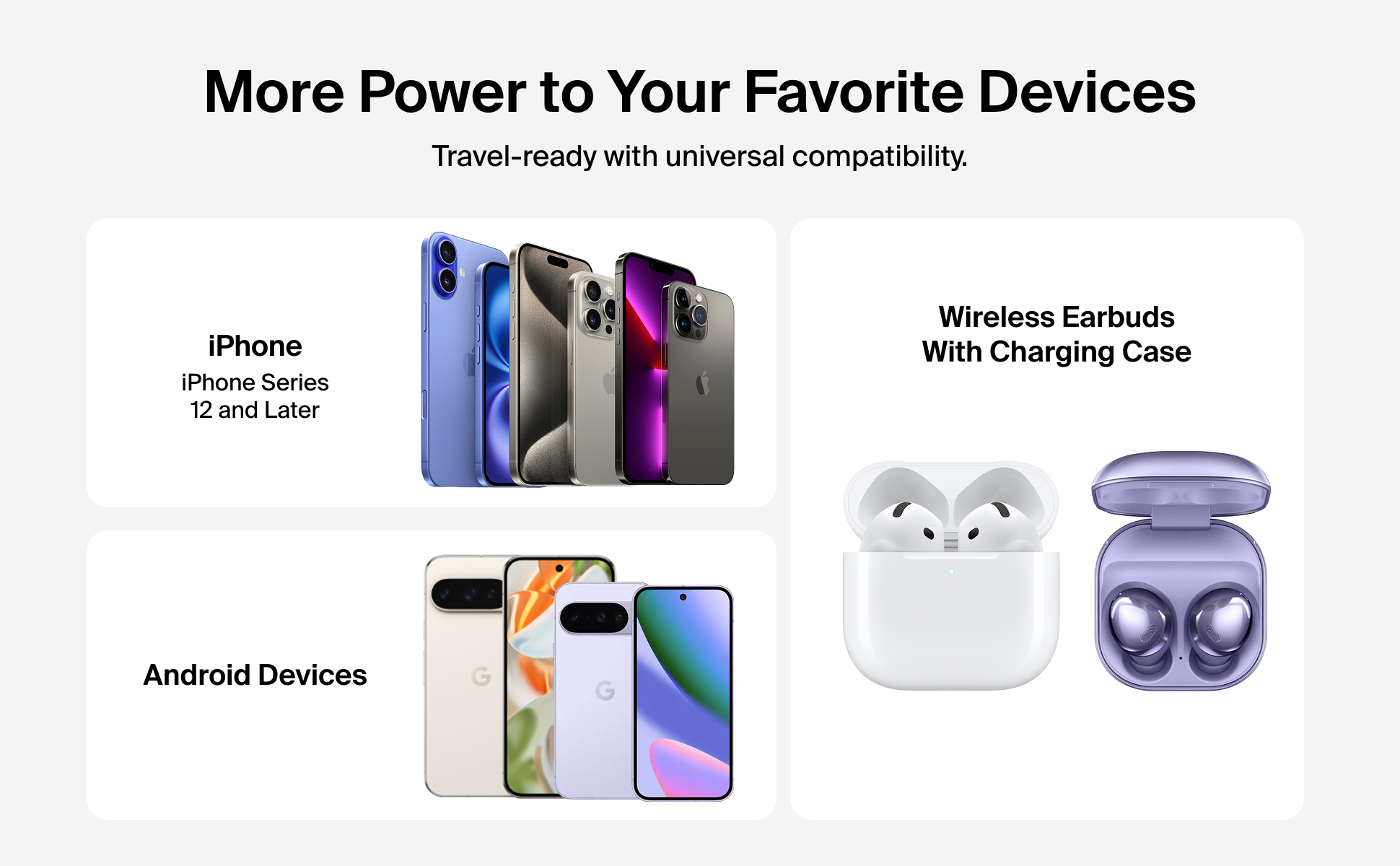 Belkin power bank, wall charger, and wireless earbuds charging multiple devices including iPhone and Apple Watch.