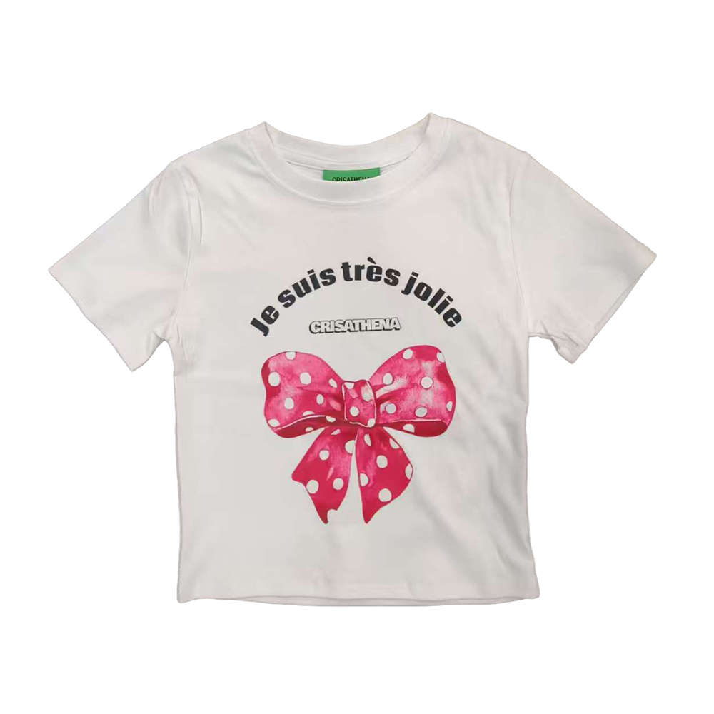 0519CT33-CRISATHENA-COLLECTION-Crisathena Je suis tres jolie Short T-Shirt 蝴蝶結圖案 白色,桃紅色/ 灰色,桃紅色/ M/ L (A33)