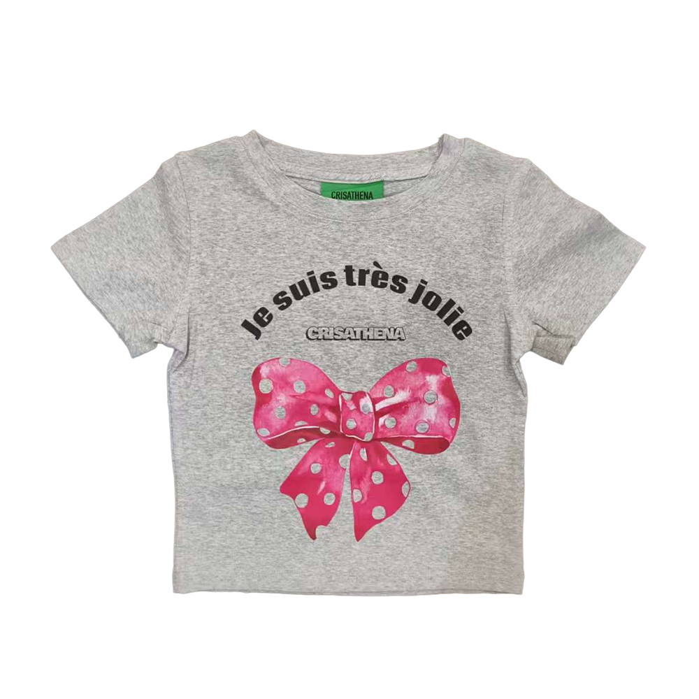 0519CT33-CRISATHENA-COLLECTION-Crisathena Je suis tres jolie Short T-Shirt 蝴蝶結圖案 白色,桃紅色/ 灰色,桃紅色/ M/ L (A33)