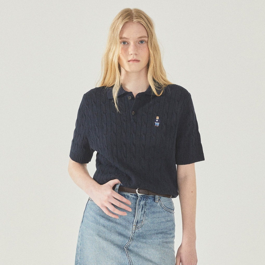 WHO A U - Steve Collar Cable Short Sleeve Sweater *Navy* (WHKAF2412U)