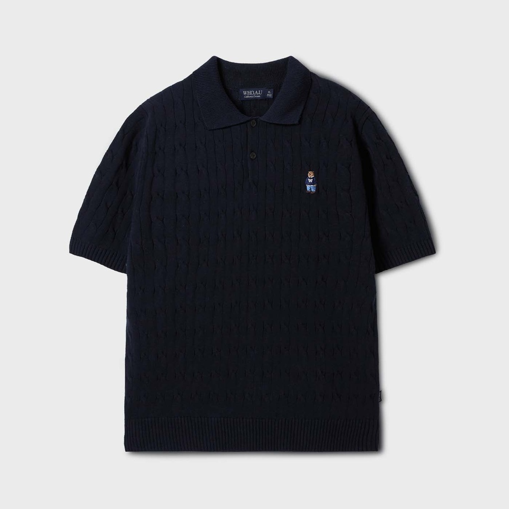 WHO A U - Steve Collar Cable Short Sleeve Sweater *Navy* (WHKAF2412U)