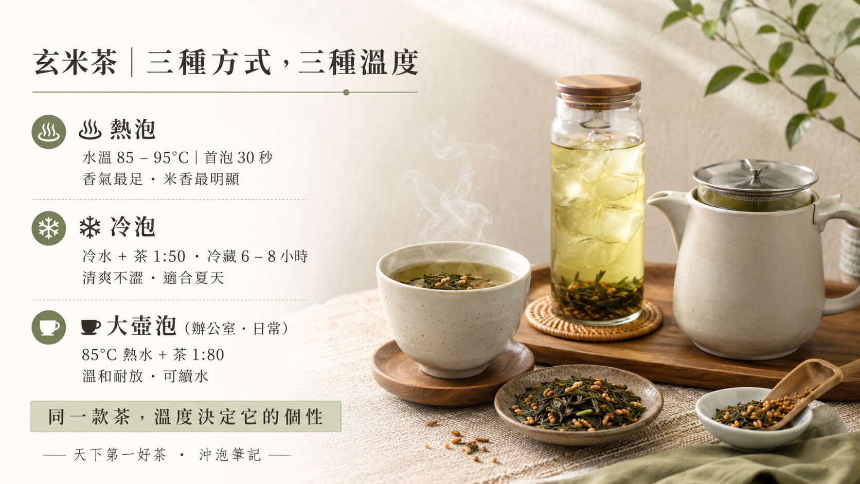 玄米茶三種沖泡方法對照圖,熱泡85至95度首泡30秒、冷泡1比50冷藏6至8小時、大壺泡85度可續水