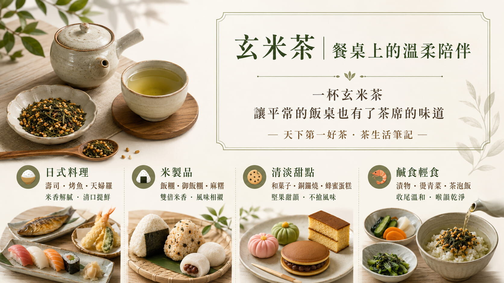 玄米茶四大料理搭配速覽圖,日式料理、米製品、清淡甜點、鹹食輕食的搭配建議