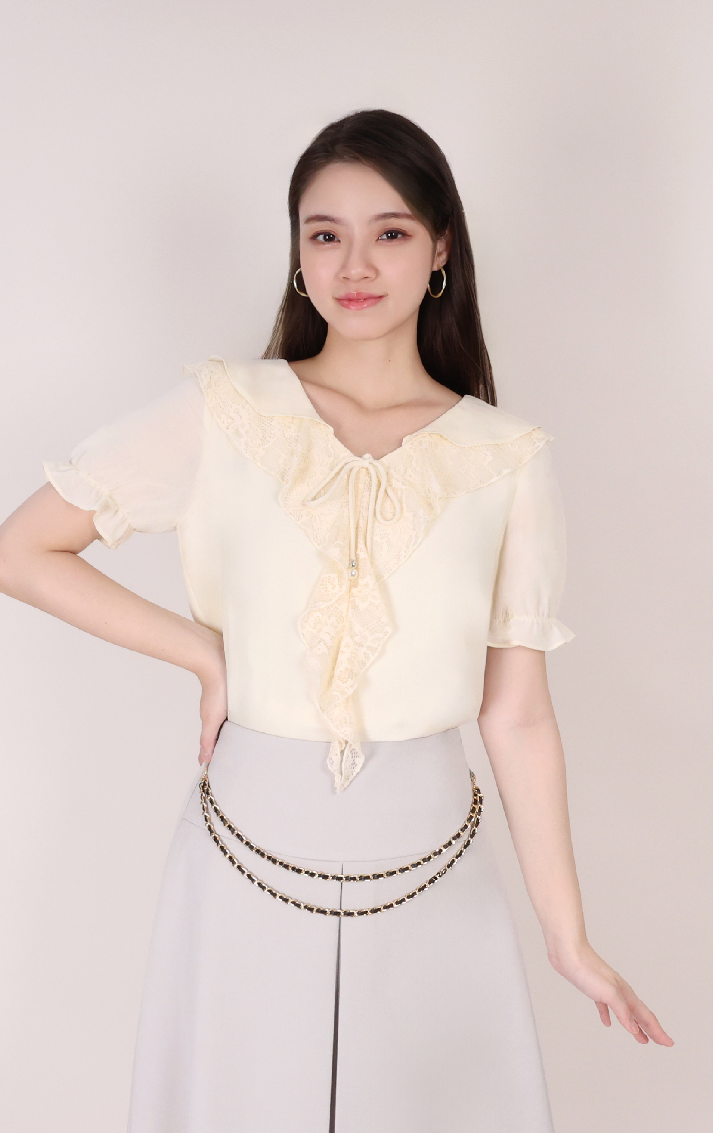 Elegant Ruffle Collar Pearl Button Top SH0414