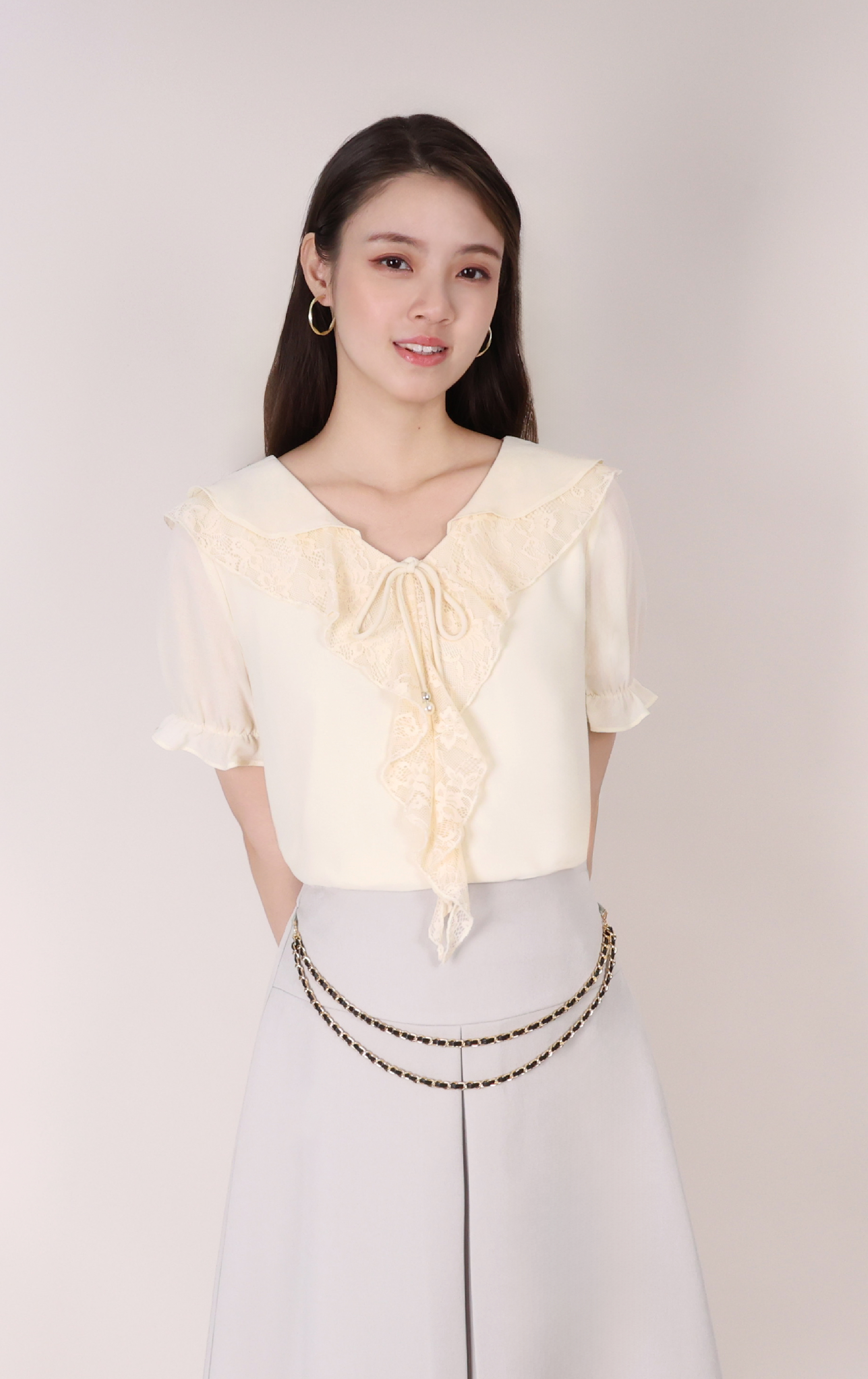 Elegant Ruffle Collar Pearl Button Top SH0414