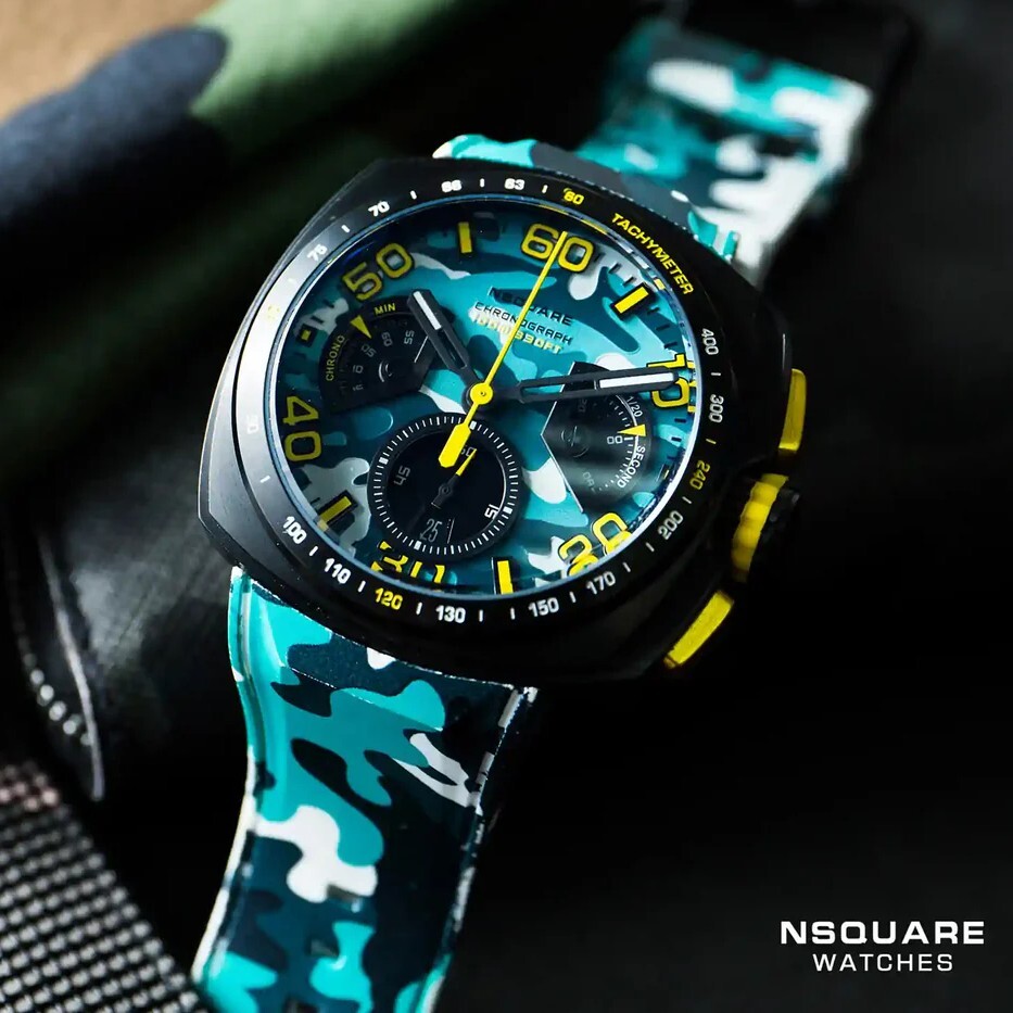 【NSQUARE】NICK CHRONO CAMO迷彩系列 G0369-N20.2 潮水藍 三眼計時 橡膠運動風腕錶 手錶