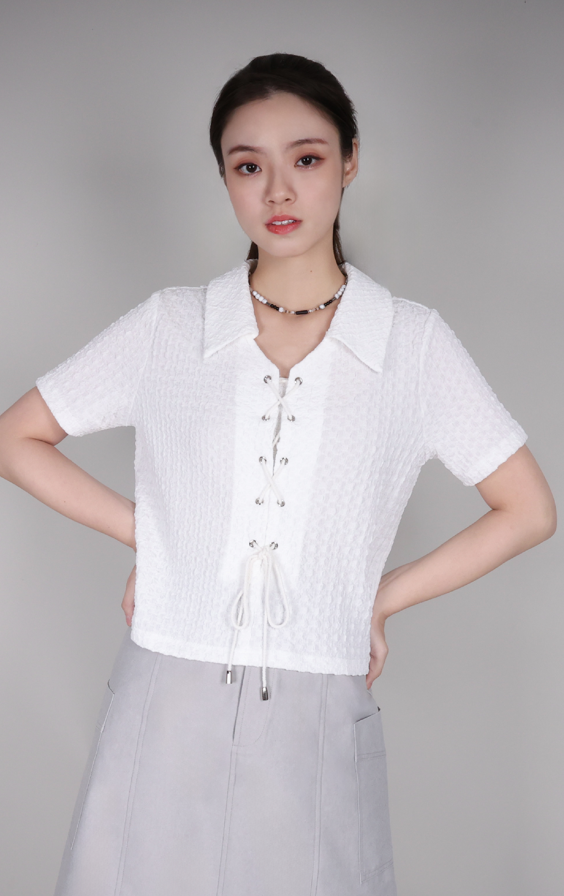 Textured Criss-Cross Tie-Front Top ST401A