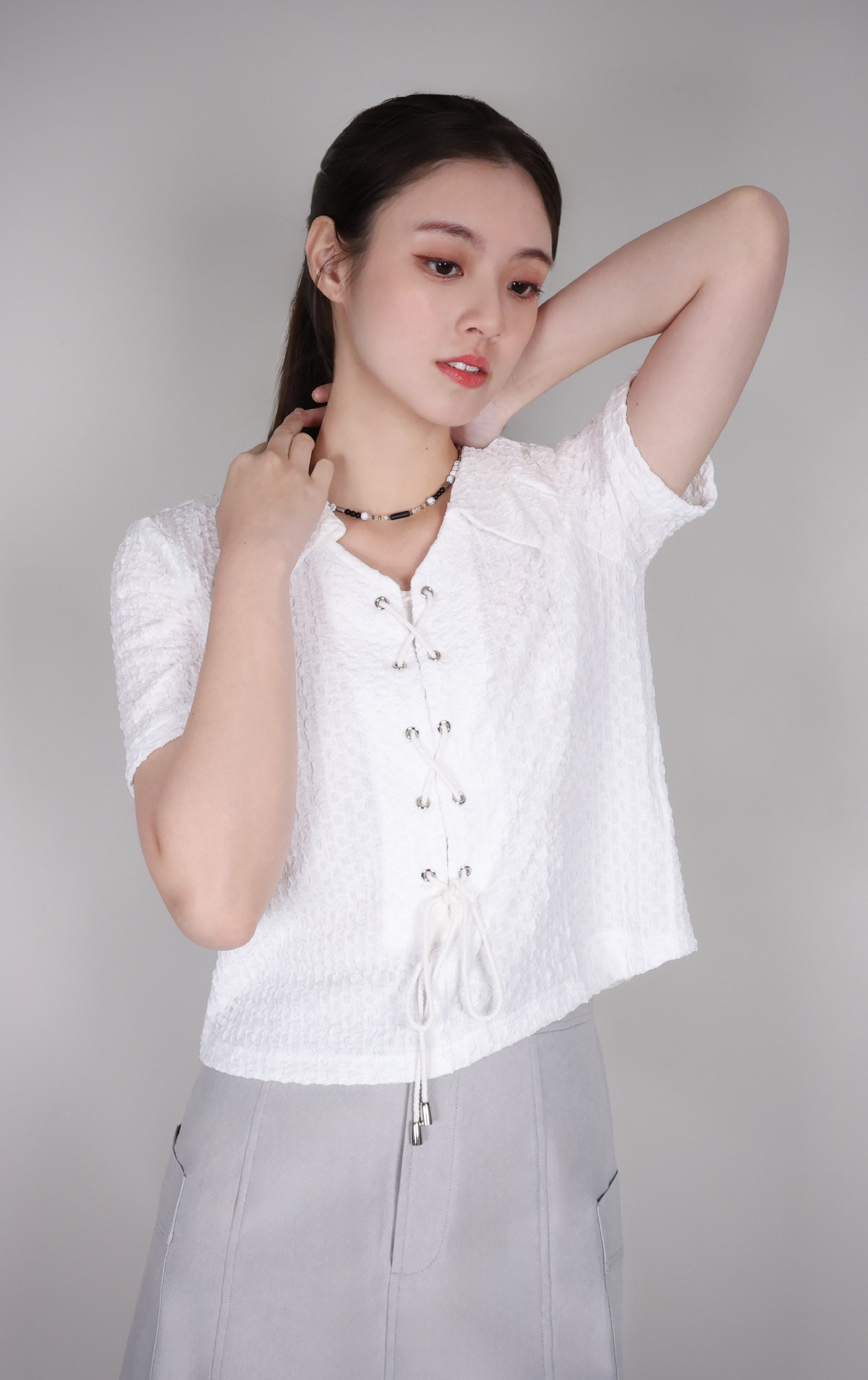 Textured Criss-Cross Tie-Front Top ST401A
