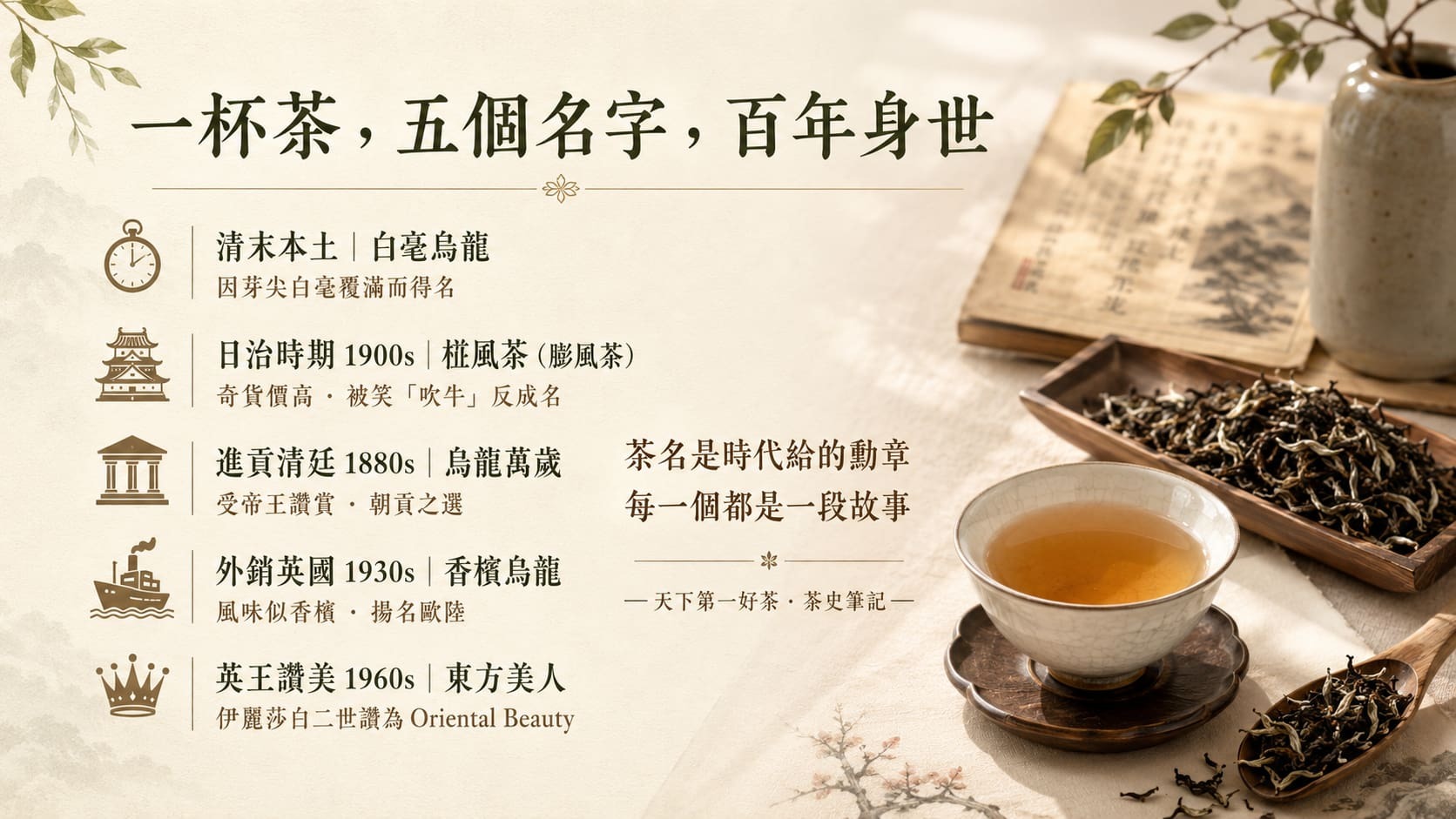東方美人茶五個別名歷史時間軸，白毫烏龍、椪風茶、烏龍萬歲、香檳烏龍、東方美人的命名由來與年代