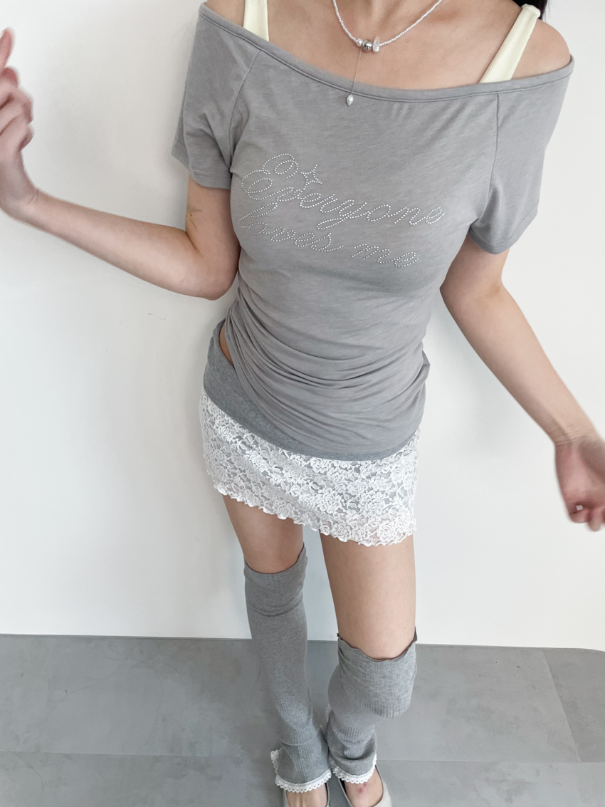 confident baby rhinestone off-shoulder ruched tee