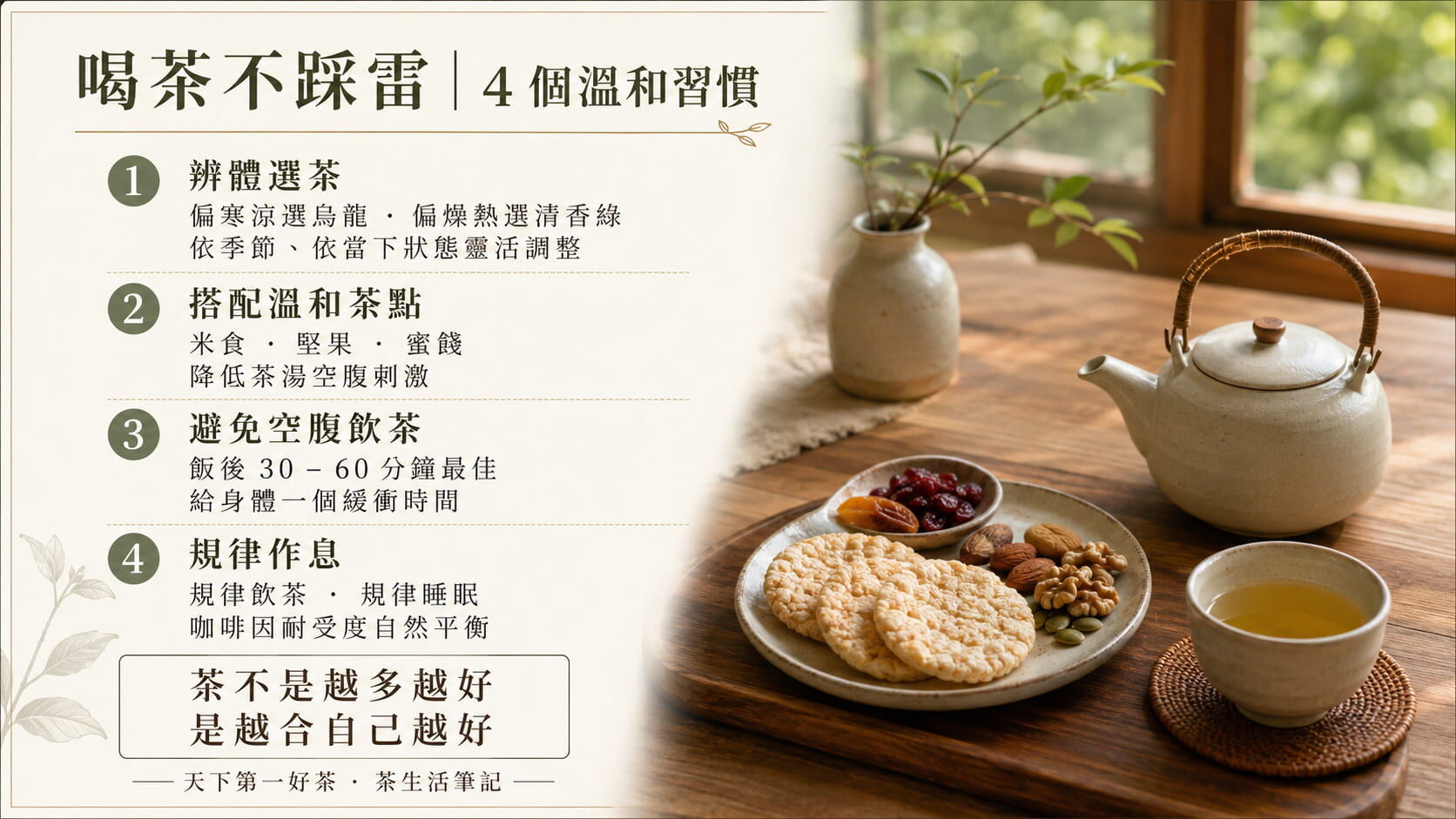 減少飲茶不適的四個生活習慣圖，辨體選茶、搭配茶點、避免空腹、規律作息