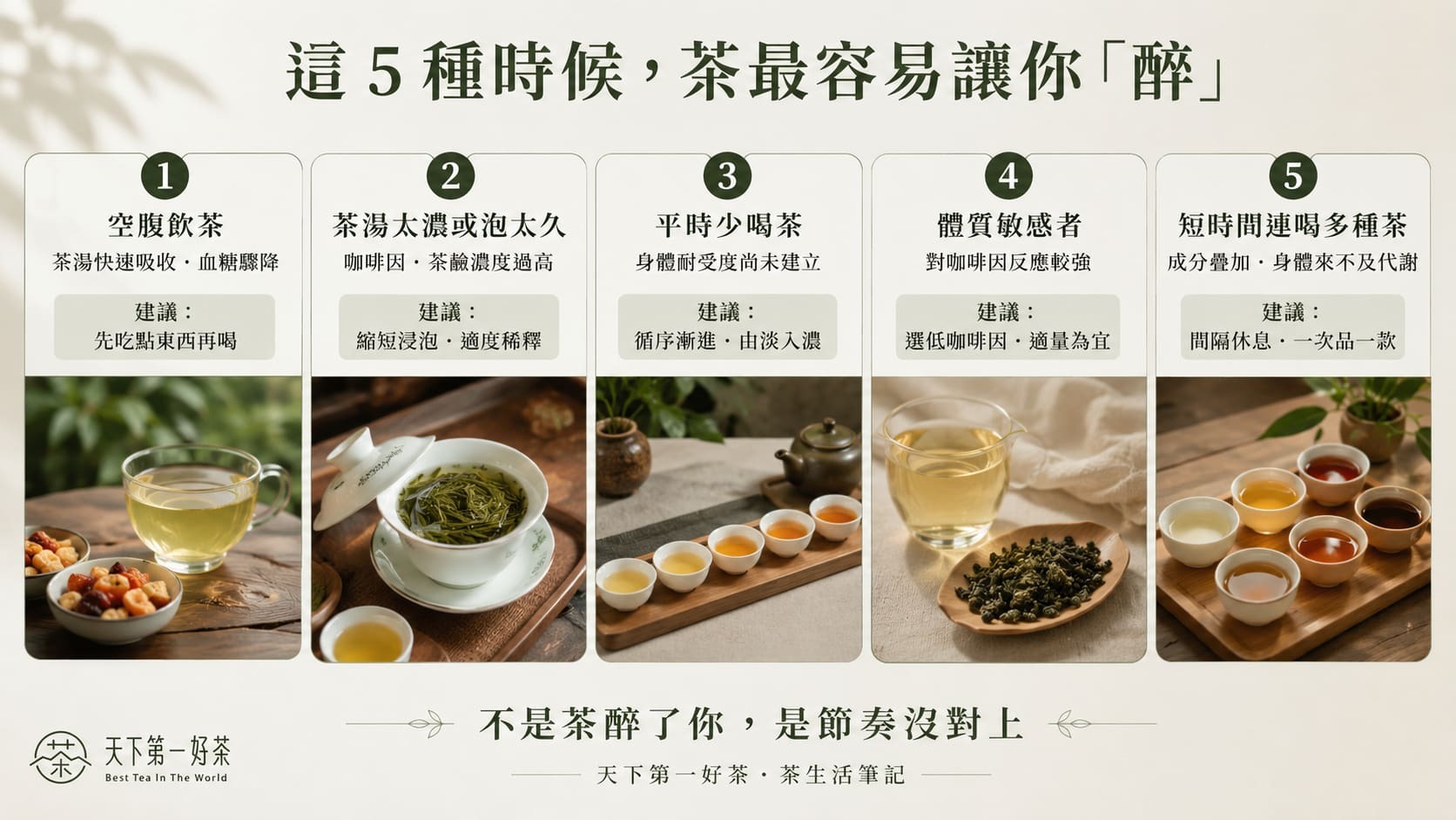 五種容易引起茶醉的情境提醒圖,空腹飲茶、茶湯過濃、平時少喝、體質敏感、短時間連喝多種茶